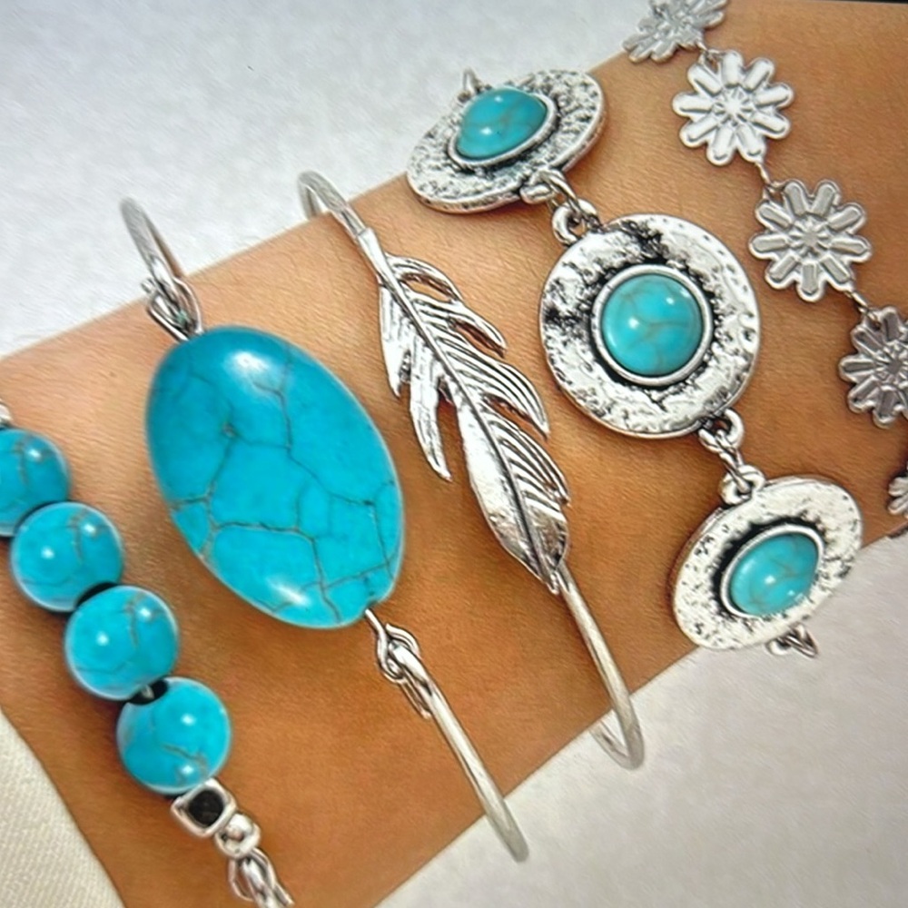 🍒5/$25🍒Only 2 sets remaining 💕Marcellas Boutique 🔥5 piece Tourquoise Silver New - Picture 2 of 2
